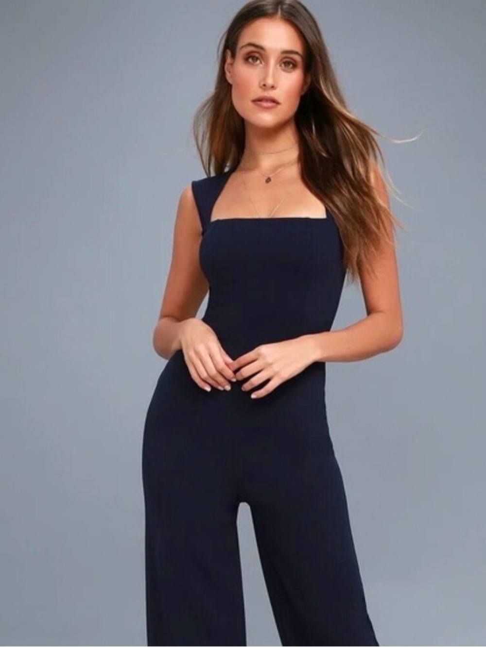 Lulu's Navy Square-Neck Wide-Leg Jumpsuit| holiday ready